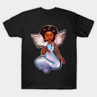 Angel with dove love joy and peace ii - Black angel of peace ! With glow, Afro hair, green eyes, Cherry pink lips and dark brown skin. Hair love ! T-Shirt